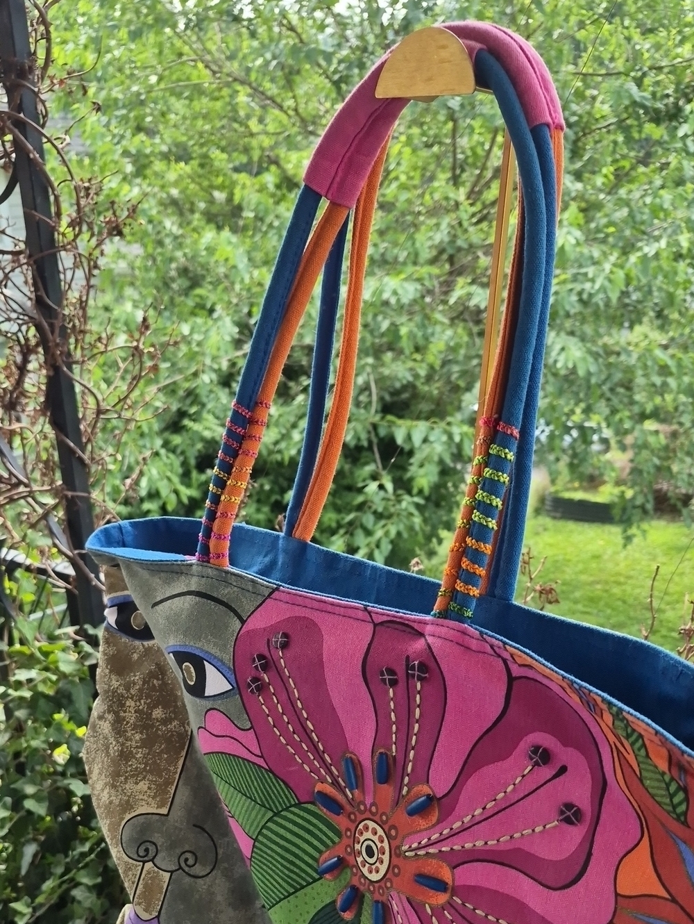LAUREL BURCH 🍎 large cotton canvas tote 🍎 VINTAGE beaded Polynesean Face - Picture 4 of 10